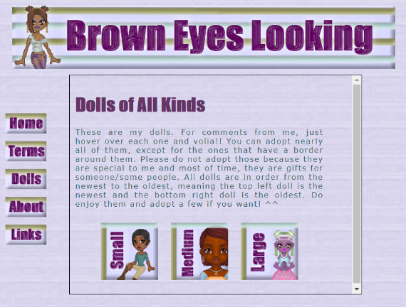 Home Page of Brown Eyes Looking, website created in my youth featuring my pixel dolls