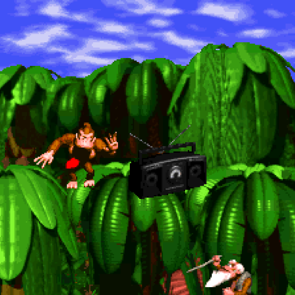 From the opening cut scene of Donkey Kong Country where Donkey Kong kicks Cranky out of the trees with his boom box, blasting the heavy beat from the game's theme song. Cranky shakes his cane in disgust since his calm, country music was interrupted.