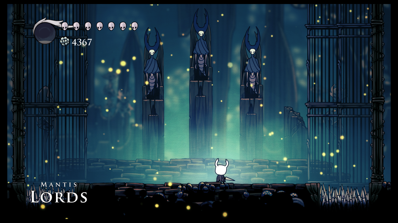 The player character of Hollow Knight, the Knight, stands before the Mantis Lords and challenges them to a duel.