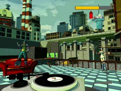 An animation showing two of the main characters, Gum and Corn, dancing at the base of the GGs, the hub for the game.